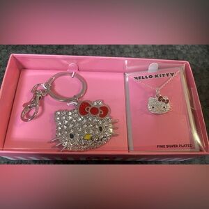 Hello Kitty Silver with swarovski Crystal Keychain/Bagcharm and Necklace Set NIB